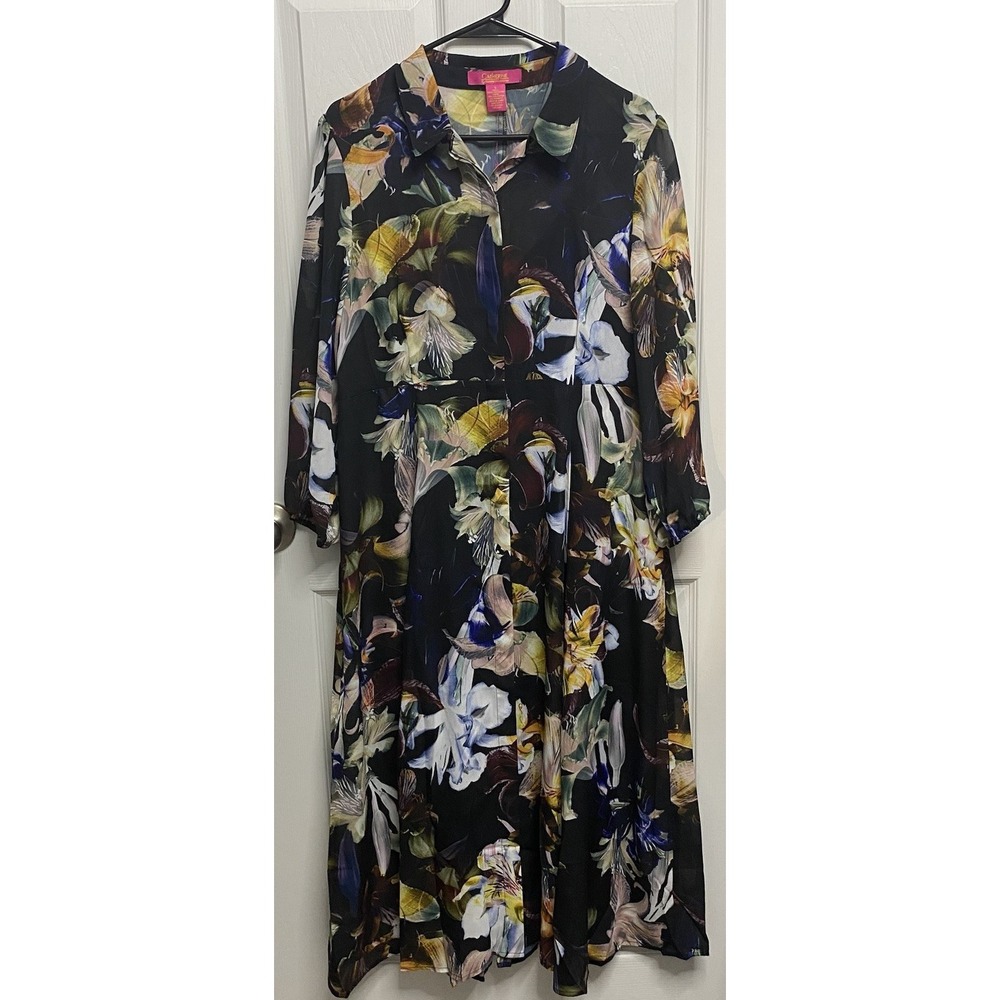 Catherine Malandrino Floral Black Purple A-line Maxi Dress Pockets Lining M-NWT
